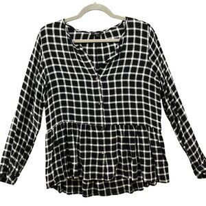 Rails Celeste Check Plaid Top Womens S Black Long Sleeve Linen Blend Ruffle‎ Hem
